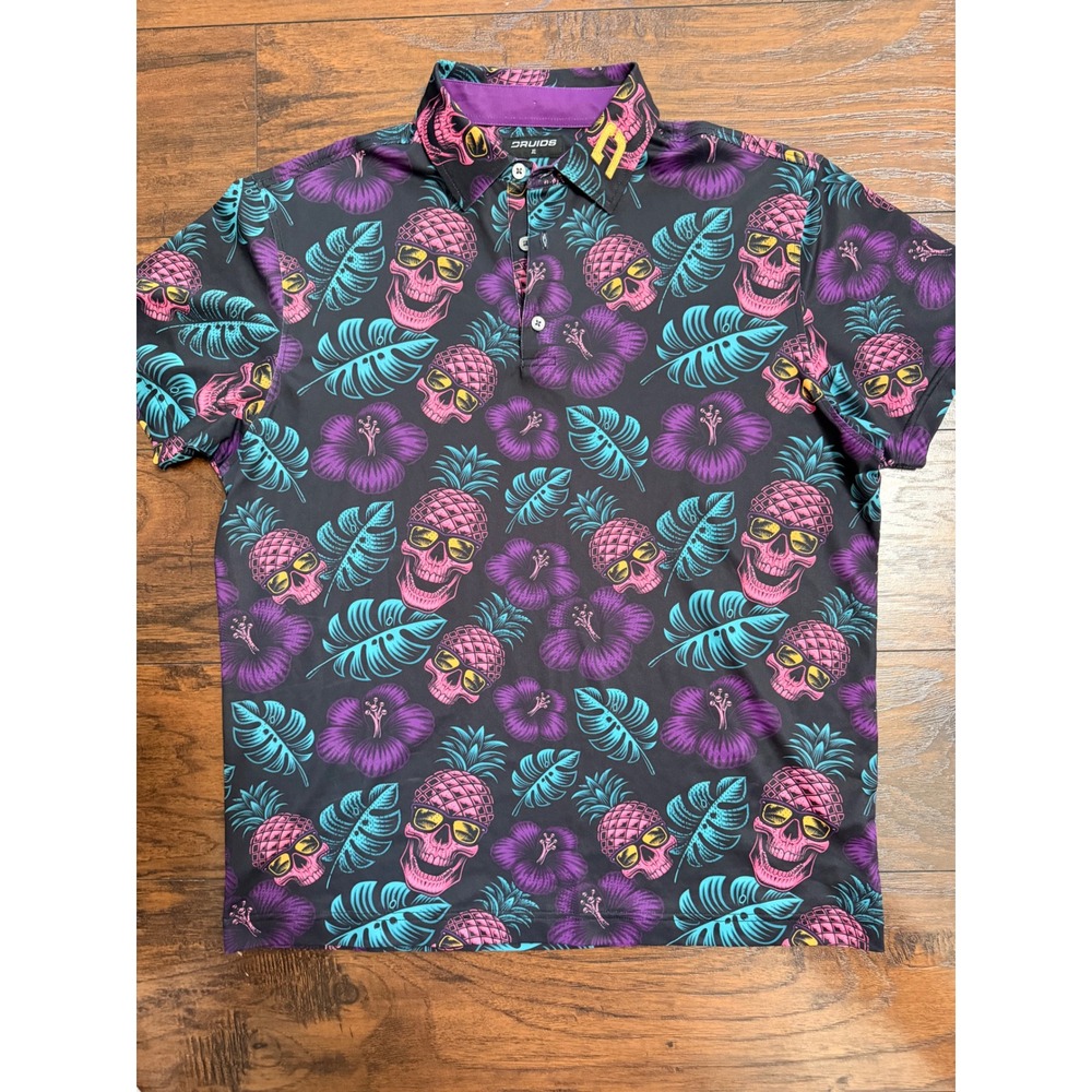Druids Golf Polo Shirt Mens XL Black Pink Pineapple Skull Tropical Floral Print